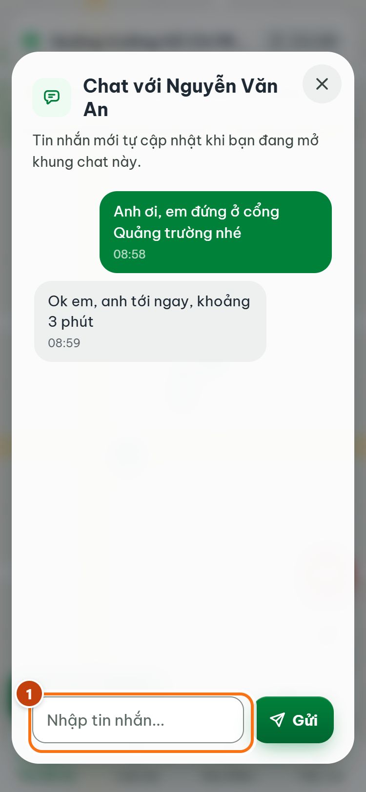 Khung Chat với tài xế, ô Nhập tin nhắn và nút Gửi