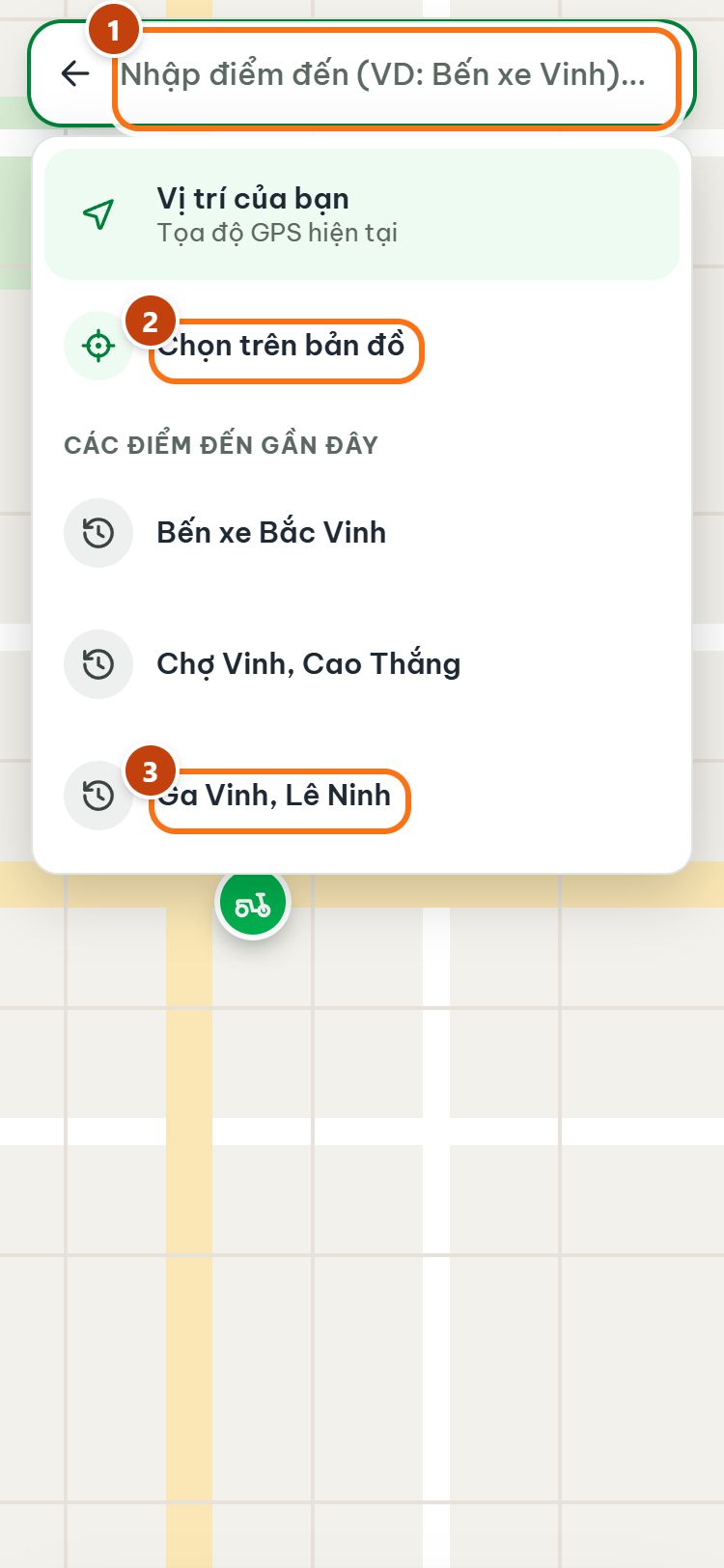 Ô nhập điểm đến đang mở, có mục Chọn trên bản đồ và danh sách điểm đến gần đây