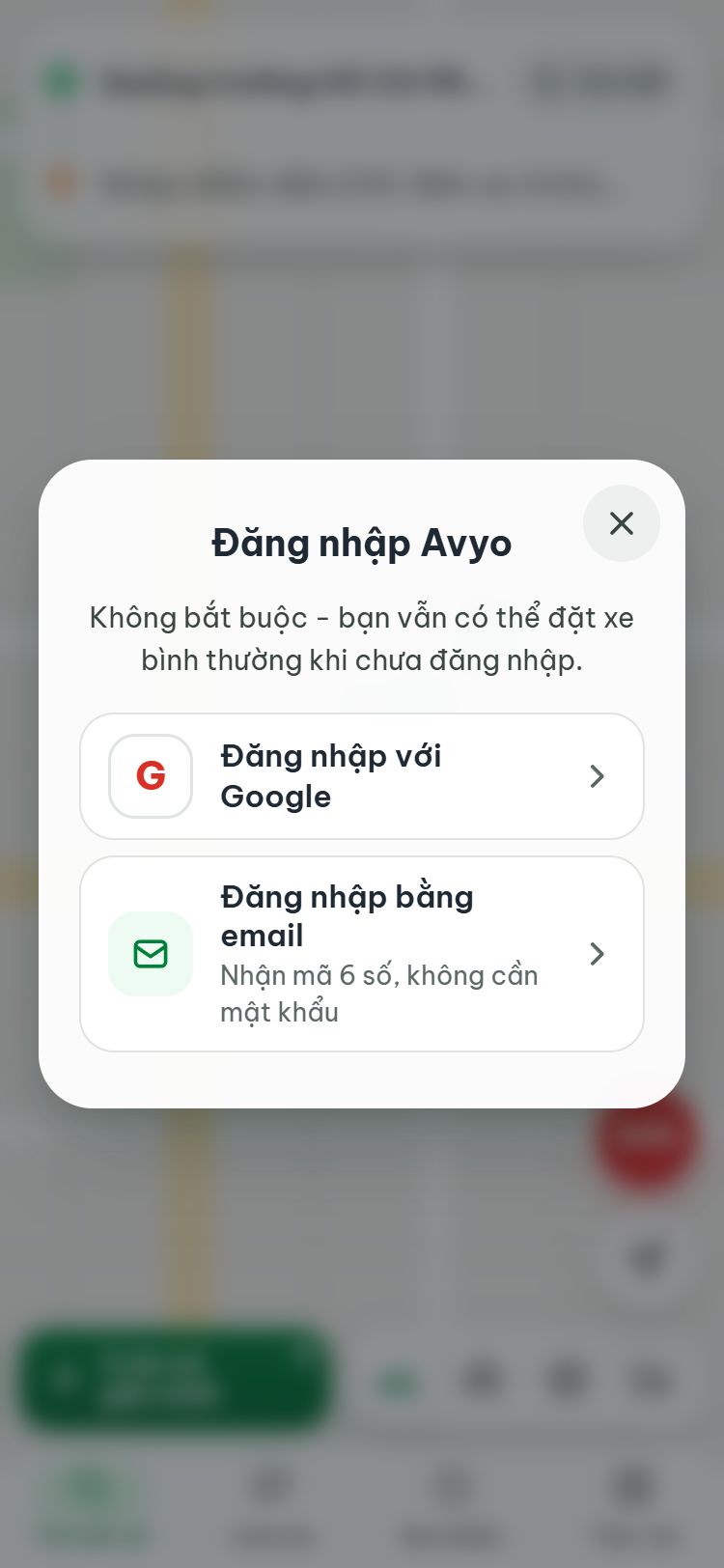 Bảng Đăng nhập Avyo: Đăng nhập với Google, Đăng nhập bằng email