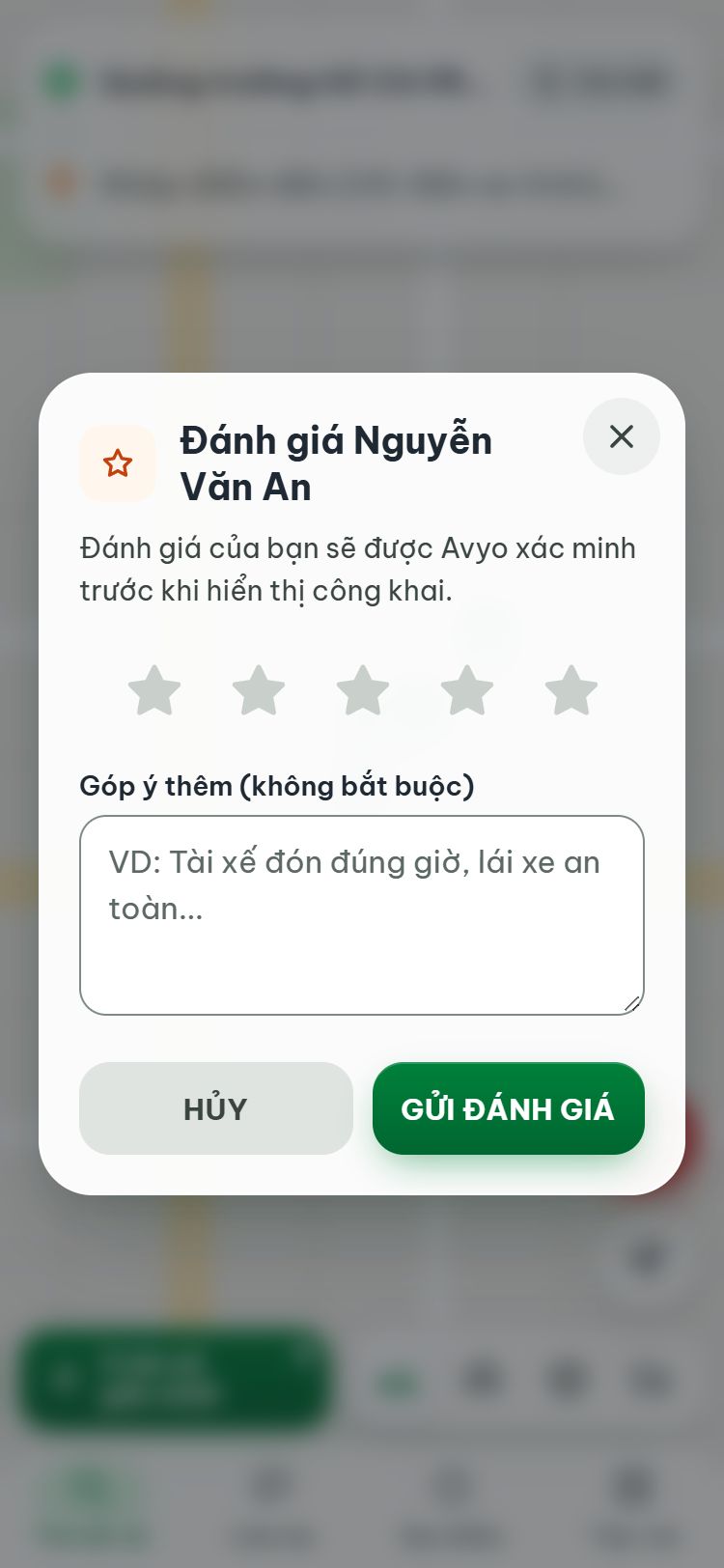Bảng Đánh giá tài xế: 5 ngôi sao, ô Góp ý thêm, nút GỬI ĐÁNH GIÁ