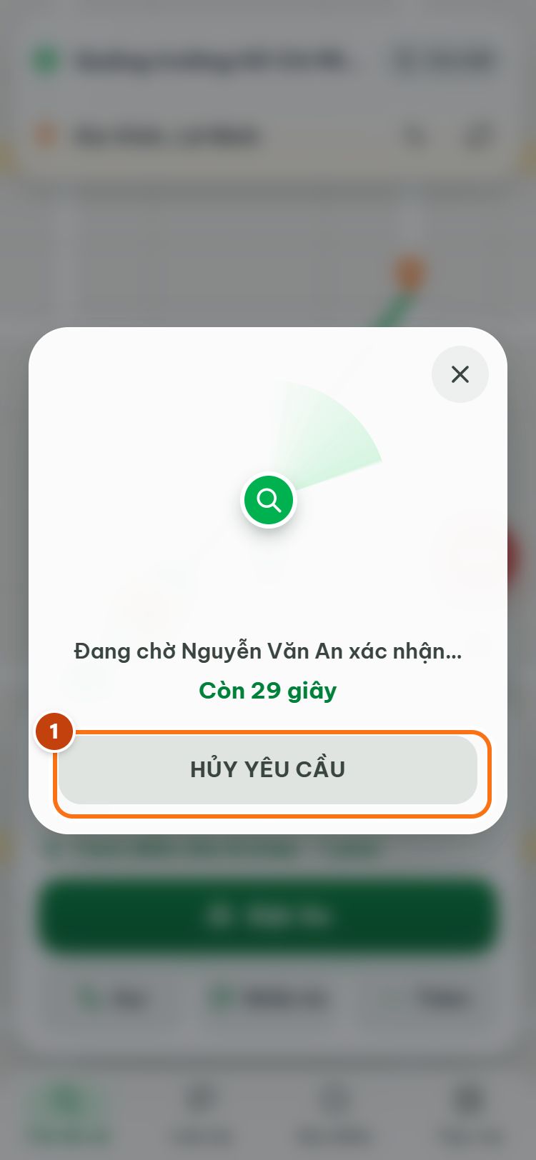 Màn chờ tài xế xác nhận, còn 29 giây, nút HỦY YÊU CẦU