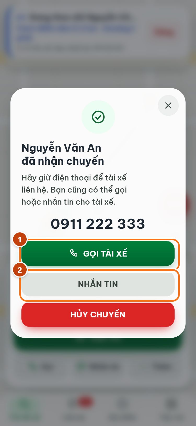Tài xế đã nhận chuyến: số điện thoại, GỌI TÀI XẾ, NHẮN TIN, HỦY CHUYẾN