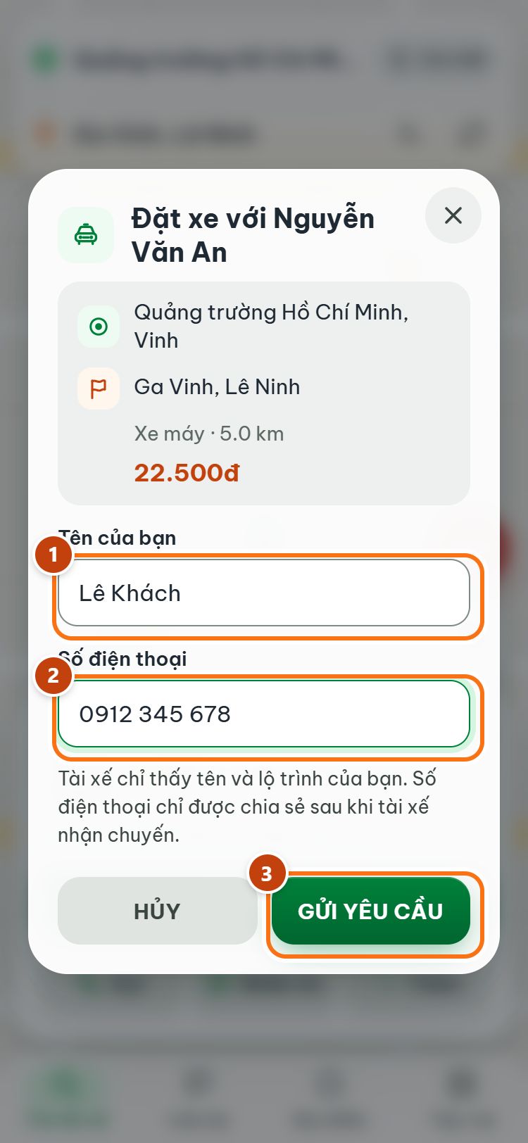 Bảng Đặt xe với tài xế: lộ trình, giá, ô Tên của bạn, Số điện thoại, nút GỬI YÊU CẦU