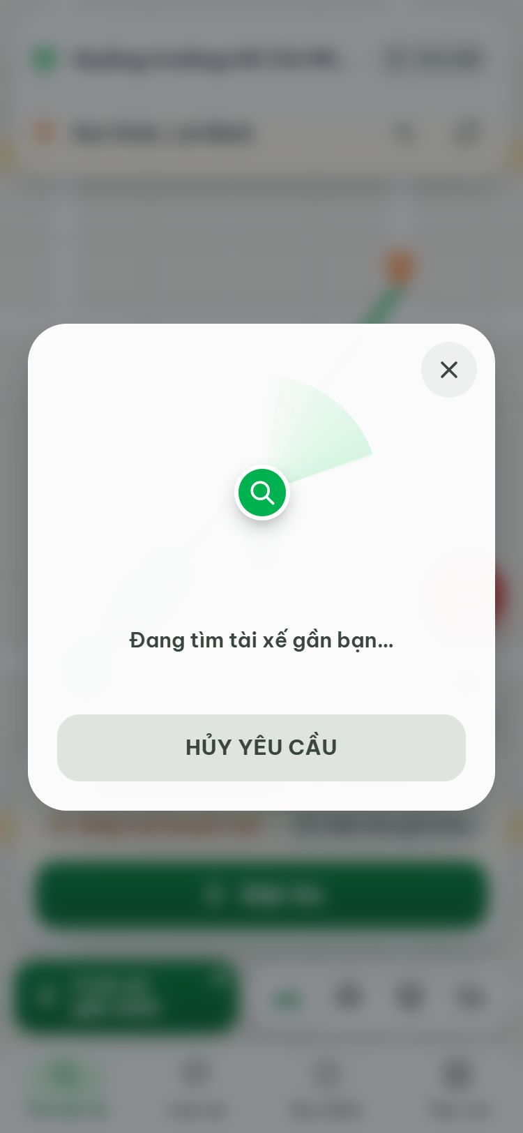 Màn Đang tìm tài xế gần bạn, nút HỦY YÊU CẦU