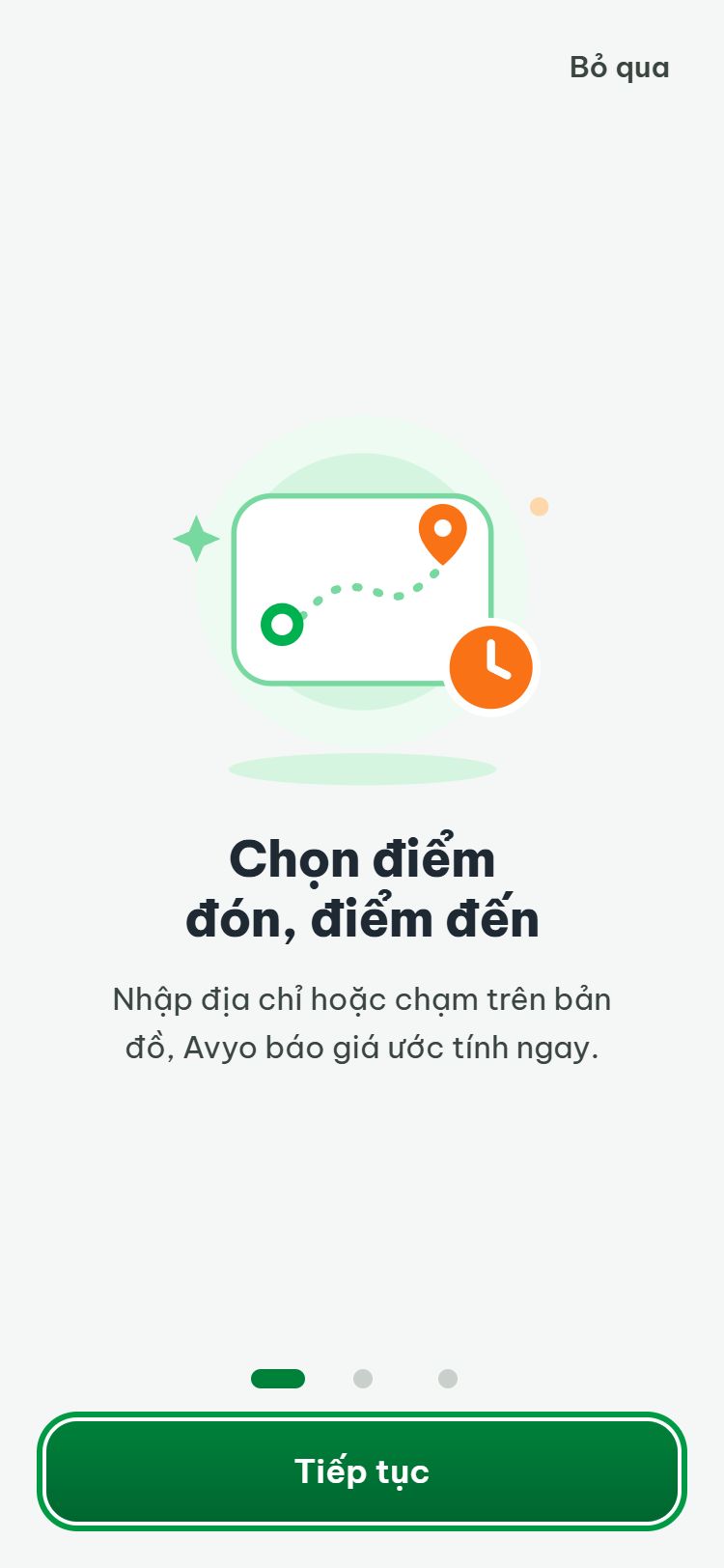 Màn giới thiệu lần đầu mở app: Chọn điểm đón, điểm đến; nút Tiếp tục và Bỏ qua