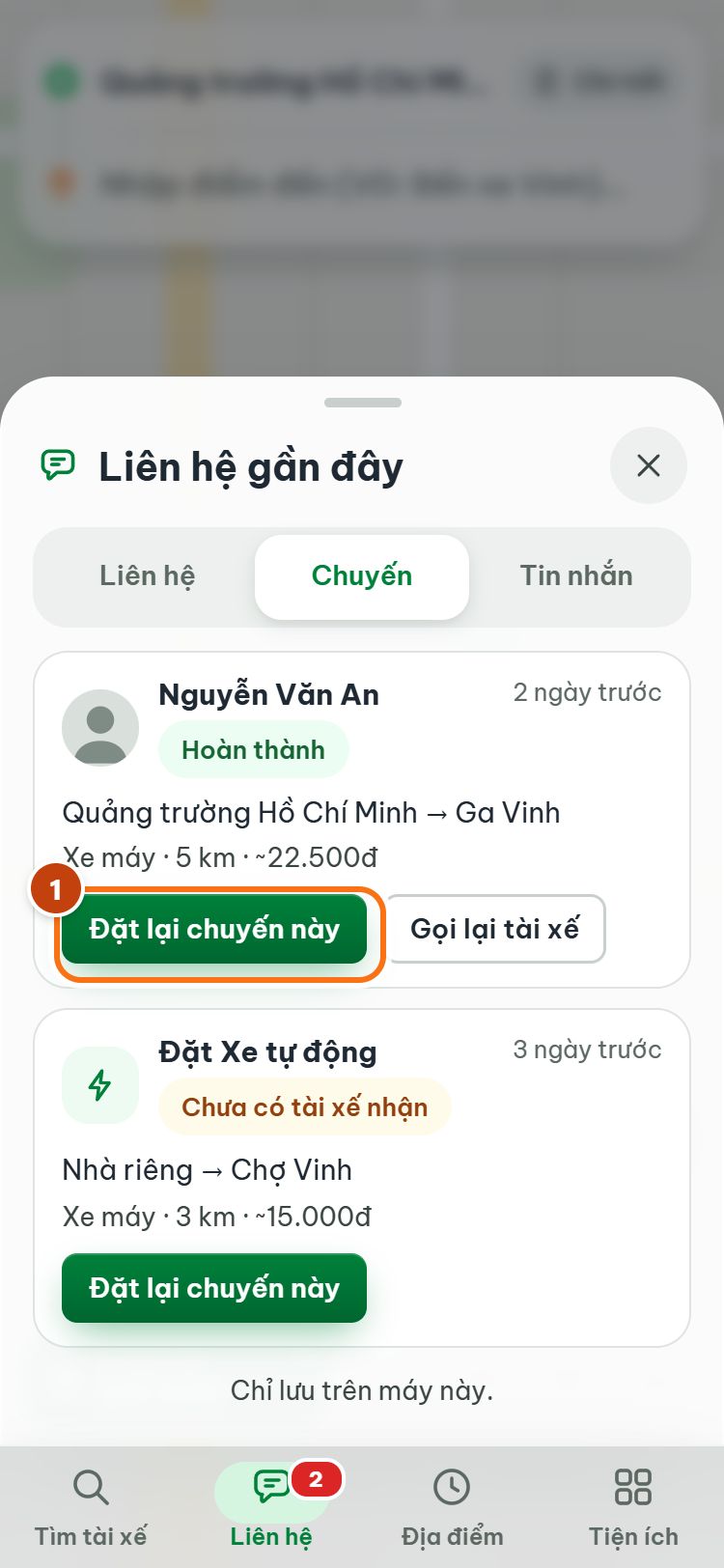 Thẻ Chuyến: chuyến Hoàn thành và Chưa có tài xế nhận, nút Đặt lại chuyến này