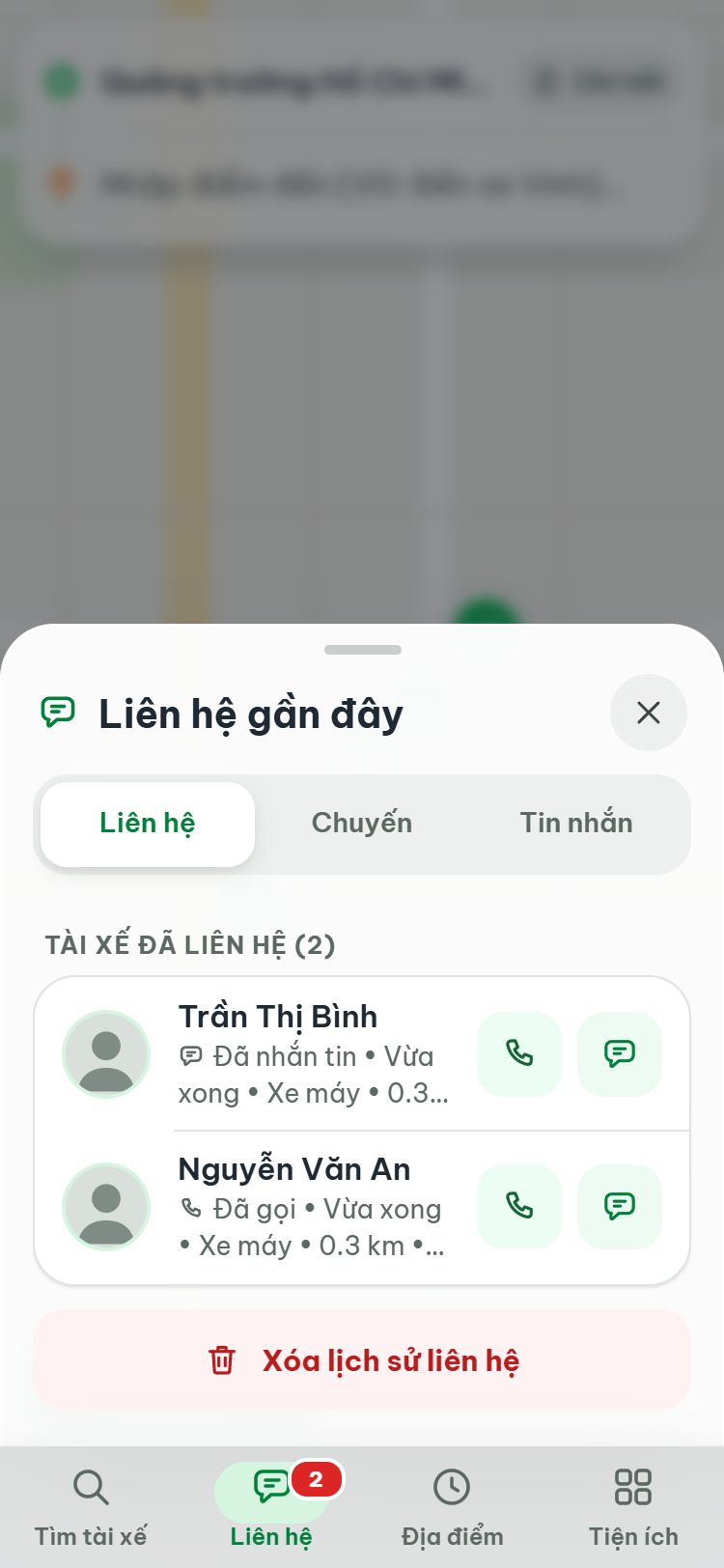 Trang Liên hệ gần đây, thẻ Liên hệ với 2 tài xế đã gọi và nhắn