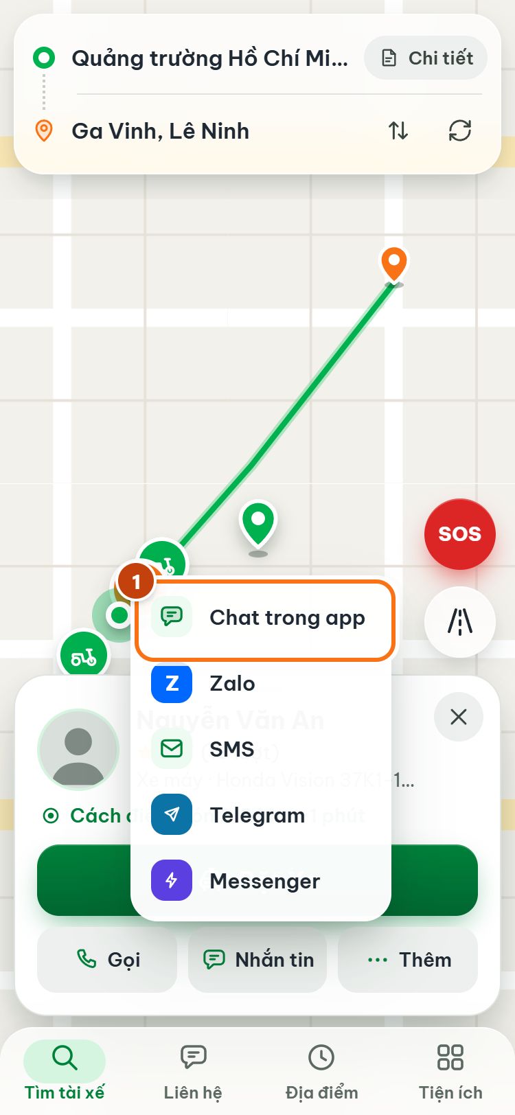 Menu Nhắn tin: Chat trong app, Zalo, SMS, Telegram, Messenger