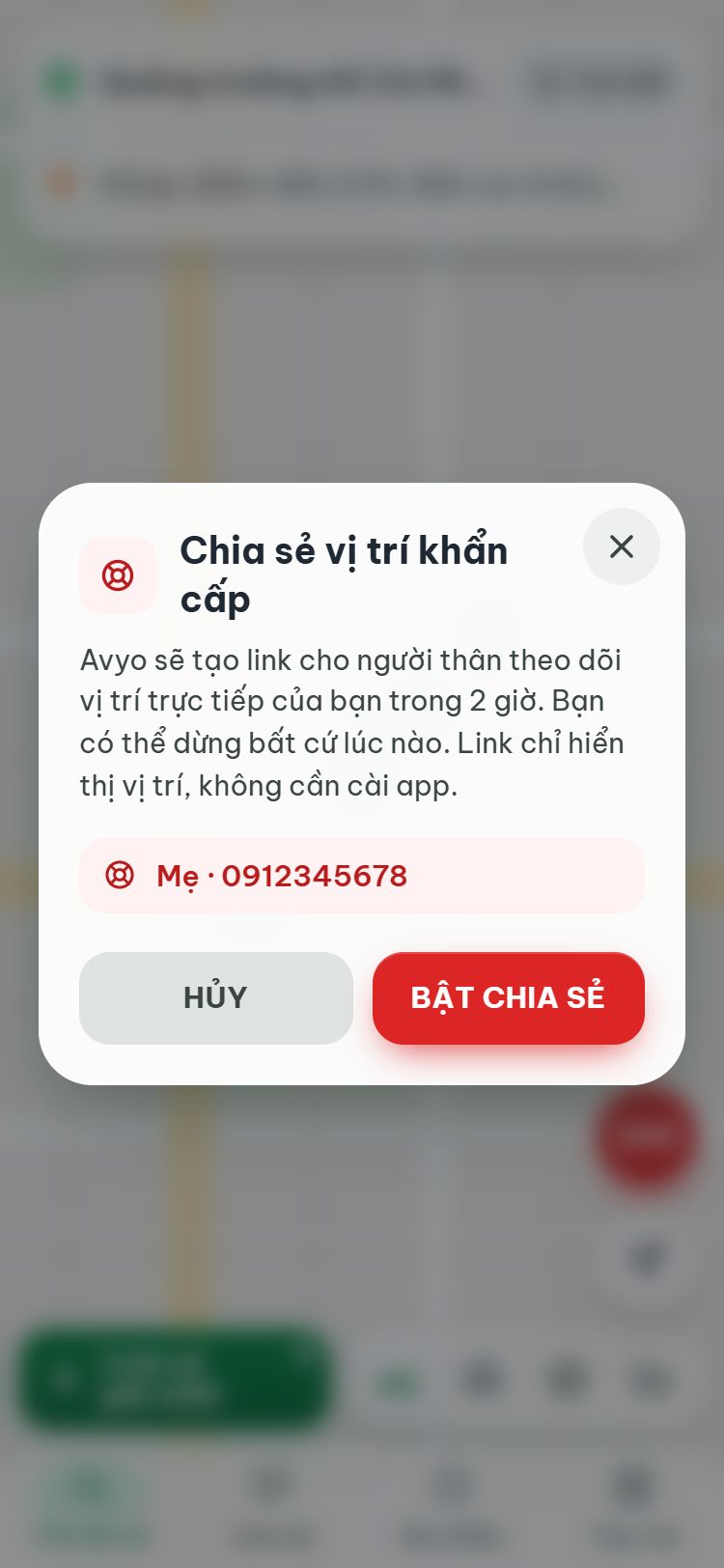 Bảng Chia sẻ vị trí khẩn cấp với nút BẬT CHIA SẺ