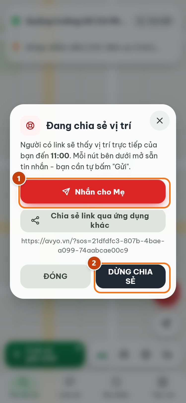 Đang chia sẻ vị trí: nút Nhắn cho Mẹ, Chia sẻ link qua ứng dụng khác, DỪNG CHIA SẺ