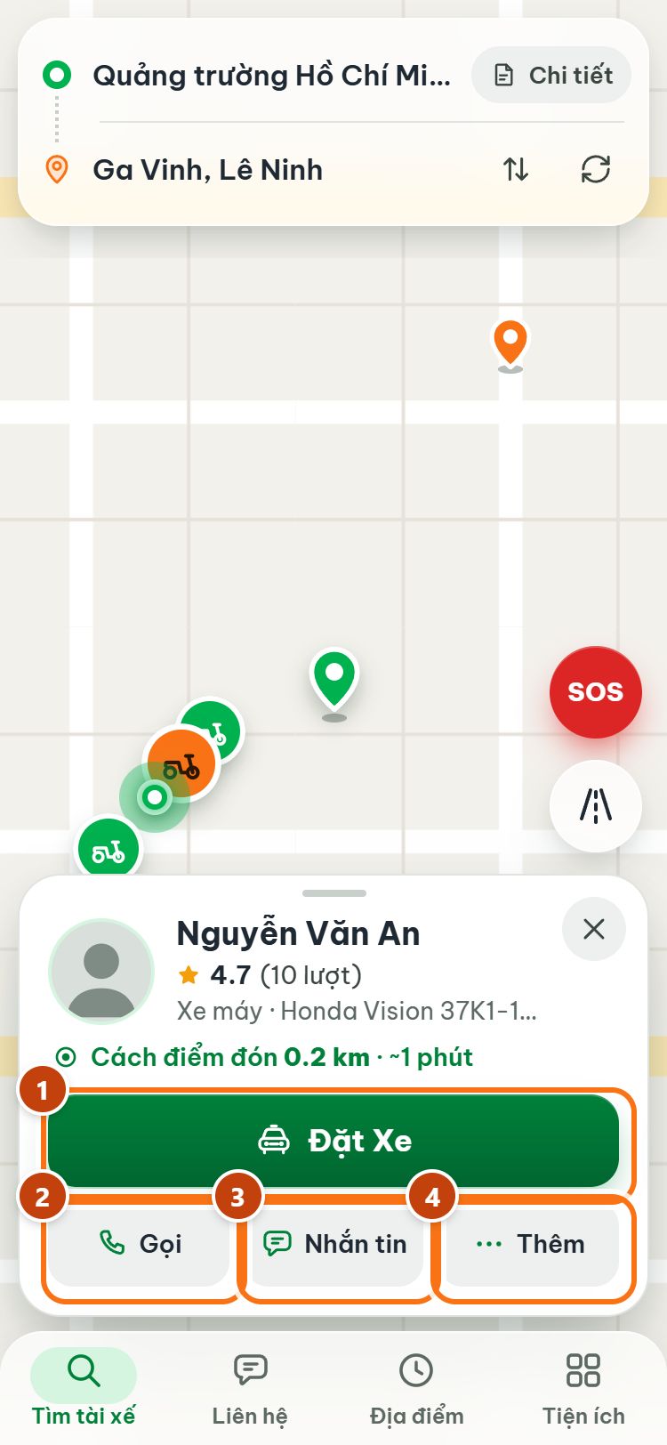 Thẻ tài xế với các nút Đặt Xe, Gọi, Nhắn tin, Thêm