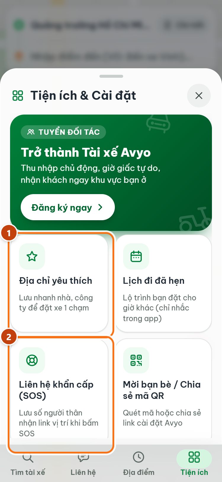 Trang Tiện ích và Cài đặt: Trở thành Tài xế Avyo, Địa chỉ yêu thích, Lịch đi đã hẹn, Liên hệ khẩn cấp, Mời bạn bè