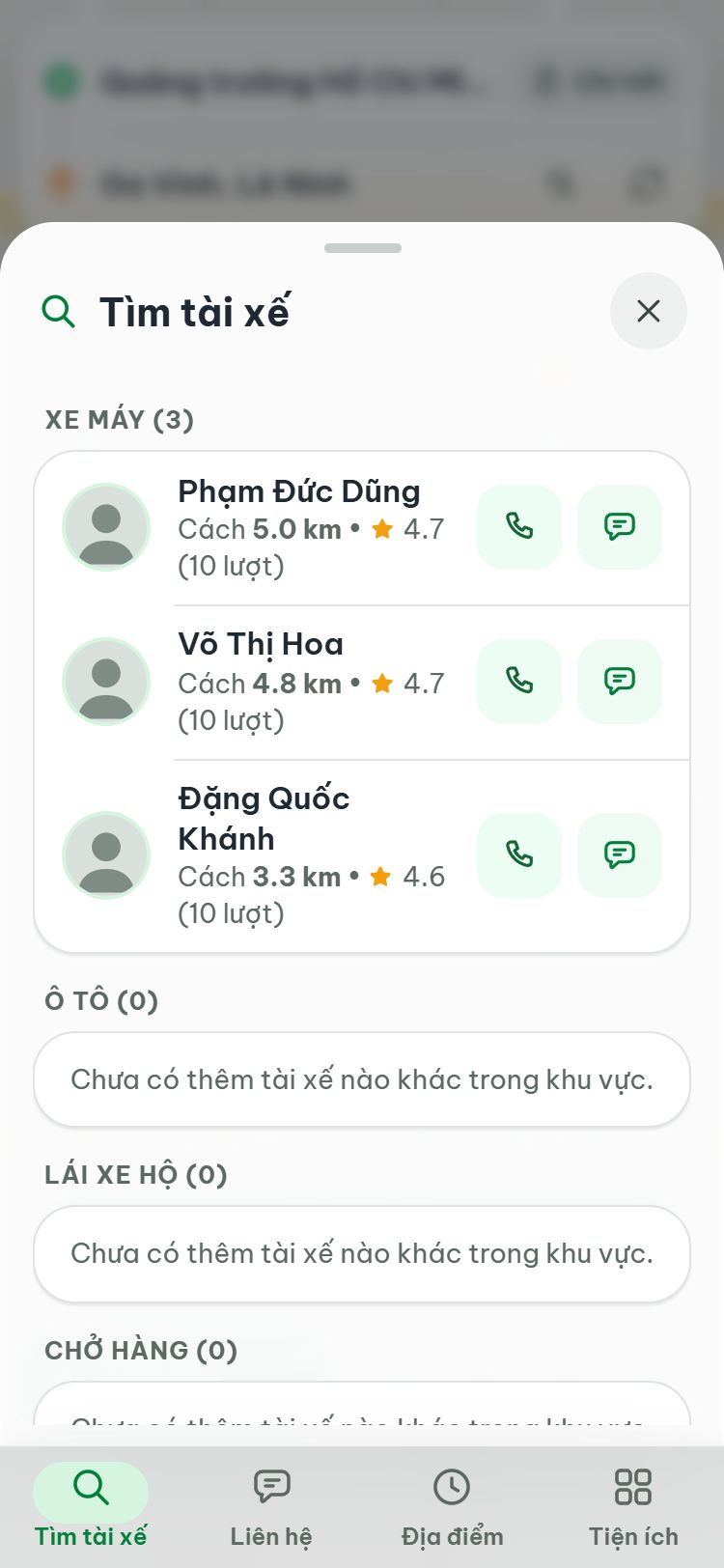Trang Tìm tài xế chia theo Xe máy, Ô tô, Lái xe hộ, Chở hàng