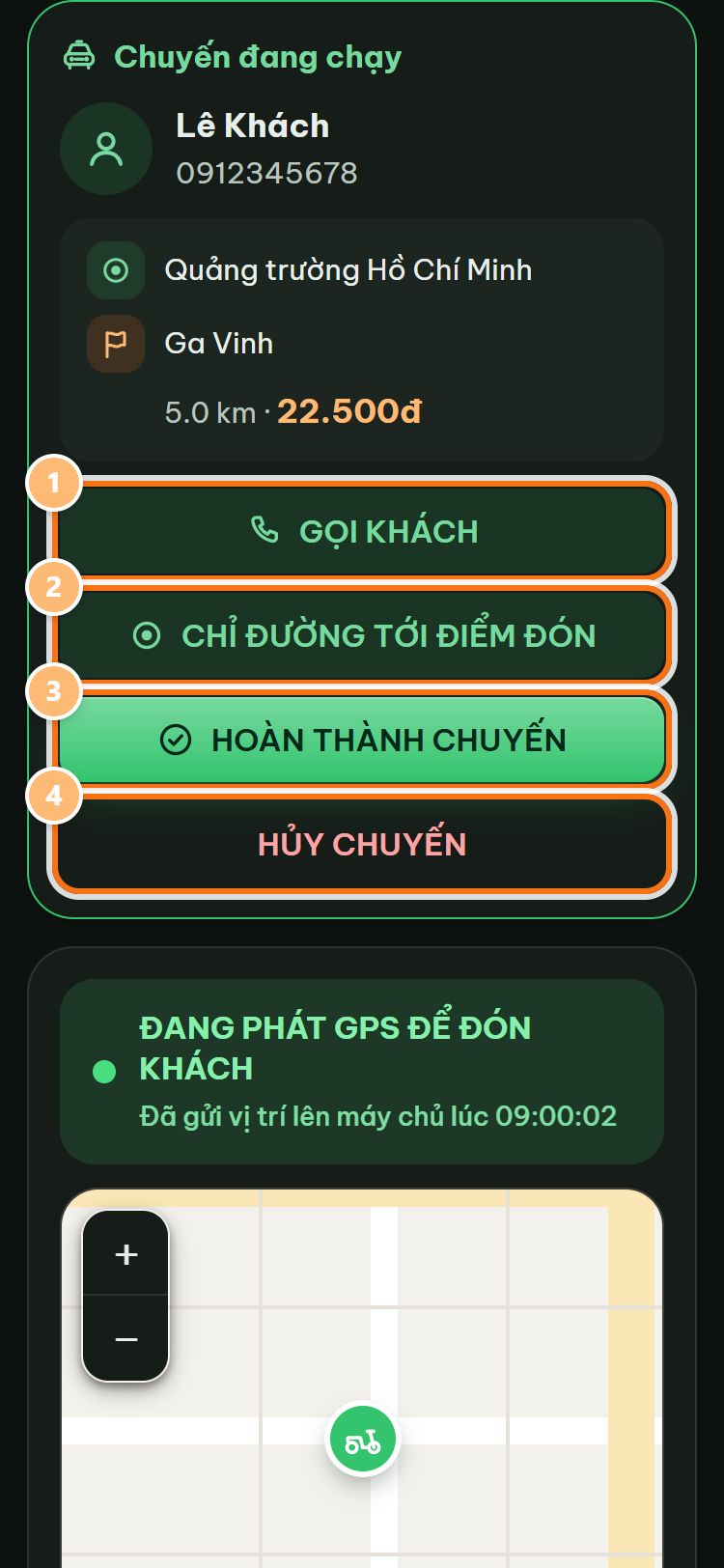 Thẻ Chuyến đang chạy: tên và số điện thoại khách, nút GỌI KHÁCH, CHỈ ĐƯỜNG TỚI ĐIỂM ĐÓN, HOÀN THÀNH CHUYẾN, HỦY CHUYẾN