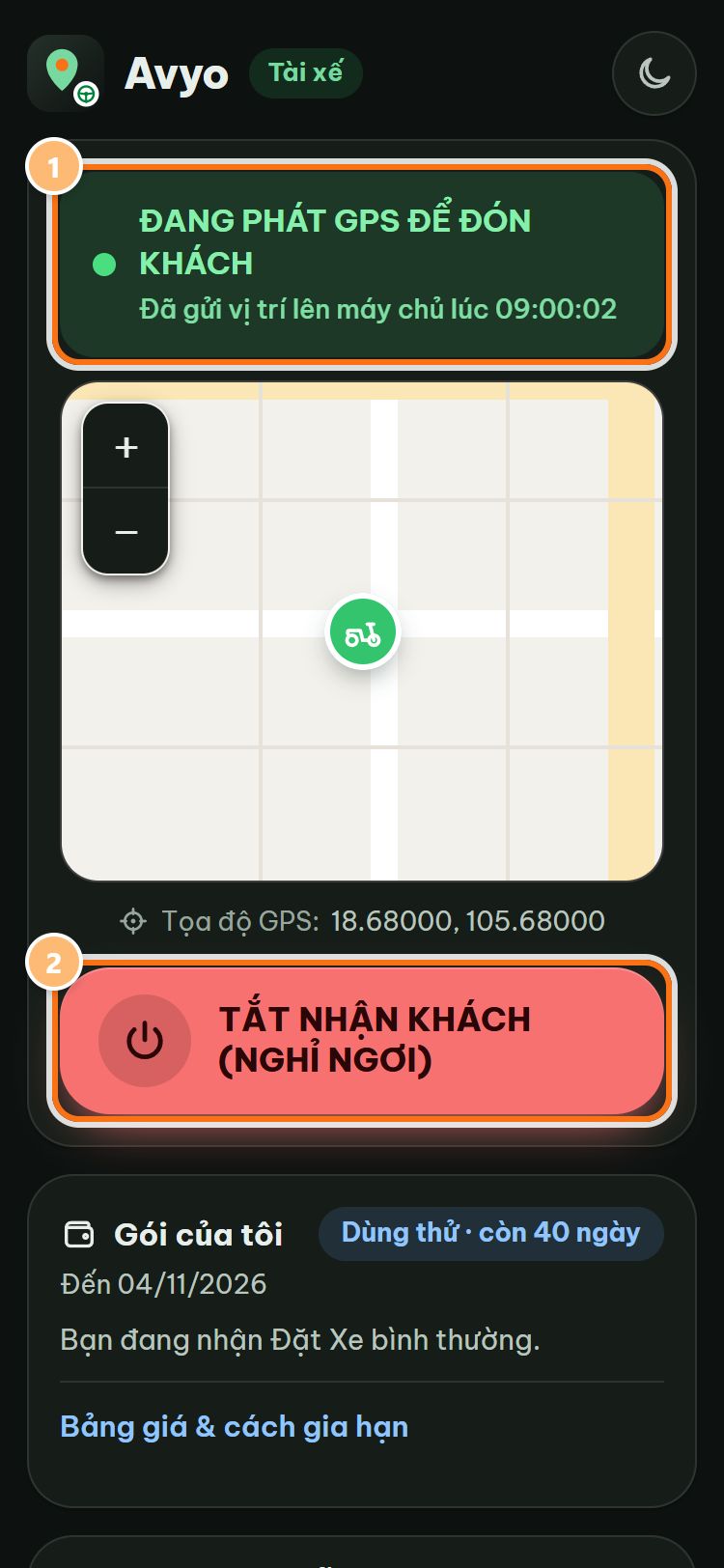 Đang nhận khách: dòng trạng thái xanh ĐANG PHÁT GPS ĐỂ ĐÓN KHÁCH, nút đỏ TẮT NHẬN KHÁCH