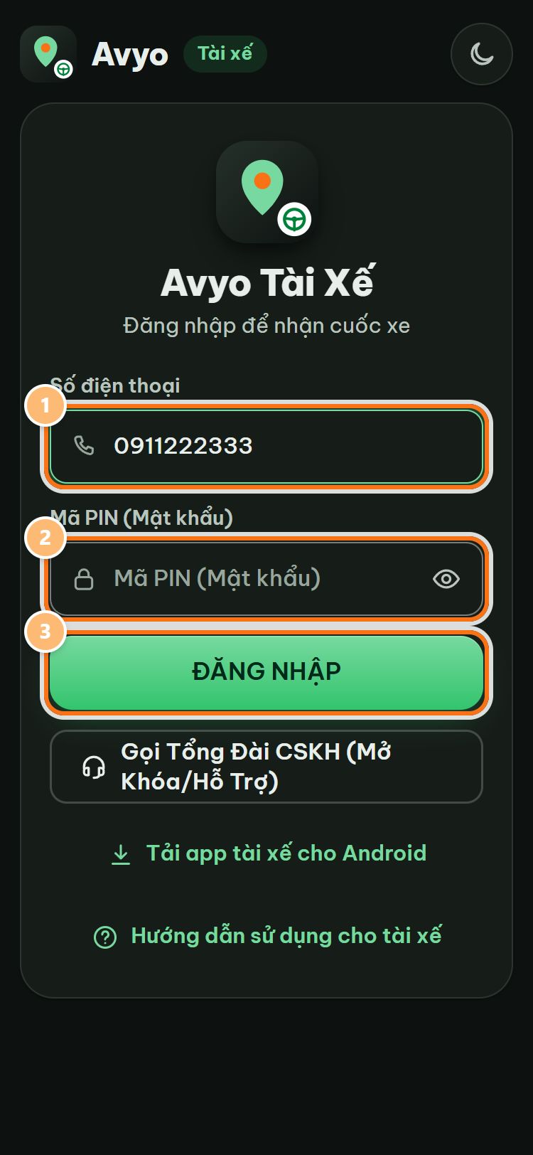 Màn đăng nhập Avyo Tài Xế: ô Số điện thoại, ô Mã PIN, nút ĐĂNG NHẬP