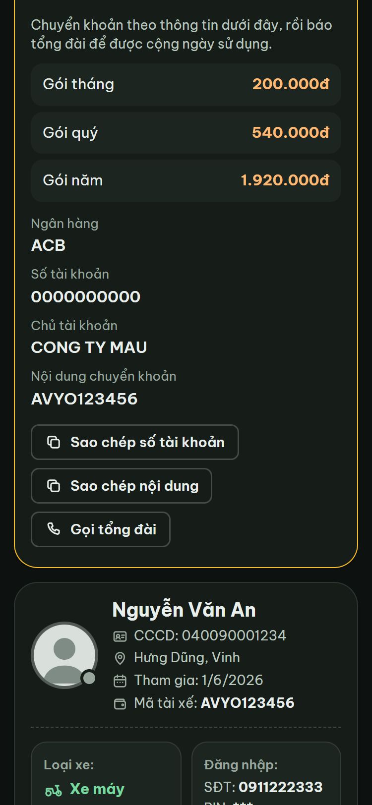 Thông tin chuyển khoản: ngân hàng, số tài khoản, nội dung chuyển khoản, nút Sao chép và Gọi tổng đài
