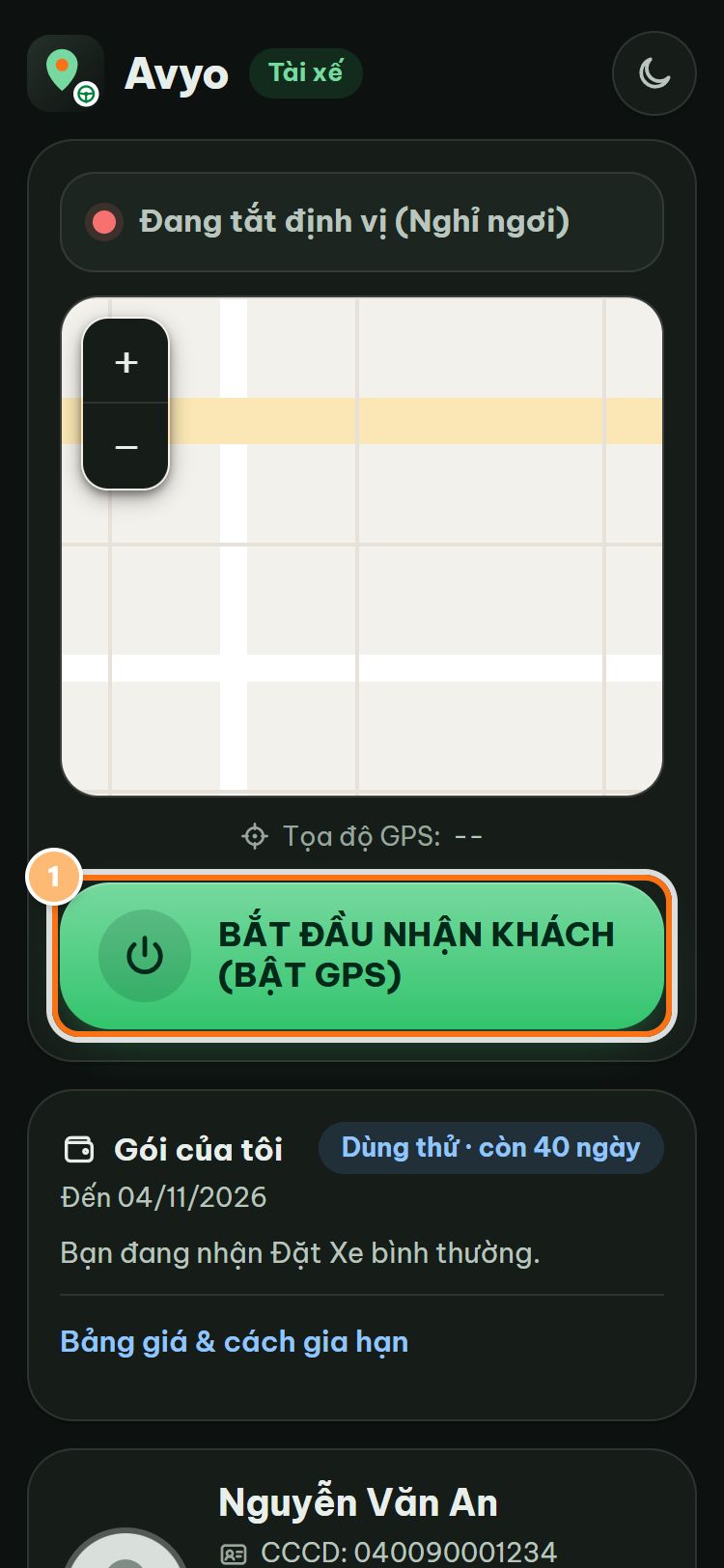 Màn hình chính app tài xế khi đang nghỉ: dòng trạng thái, bản đồ, nút BẮT ĐẦU NHẬN KHÁCH, thẻ Gói của tôi