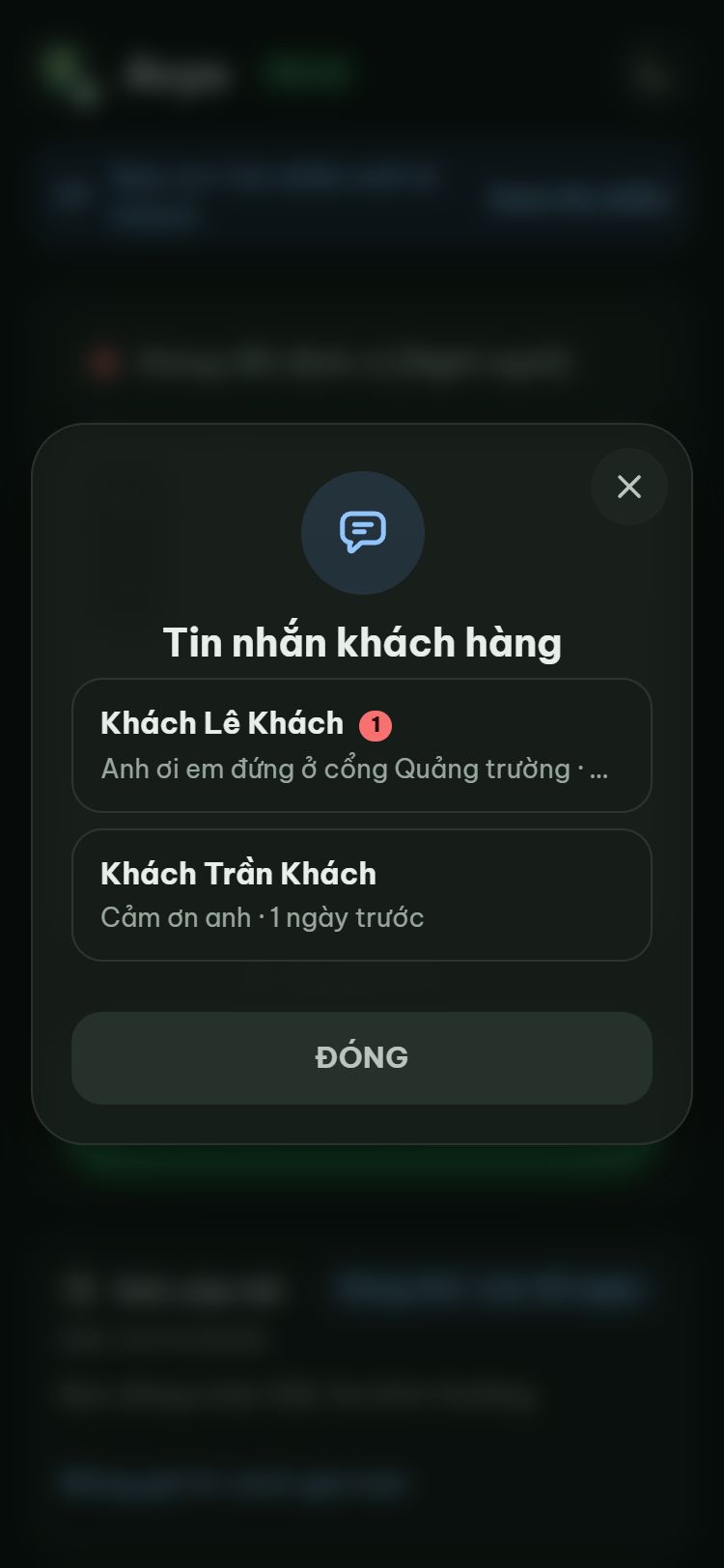 Danh sách Tin nhắn khách hàng với 2 cuộc trò chuyện